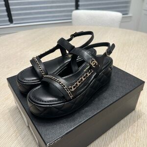 CHANEL Black Platform Sandal with Gold Chain Trim